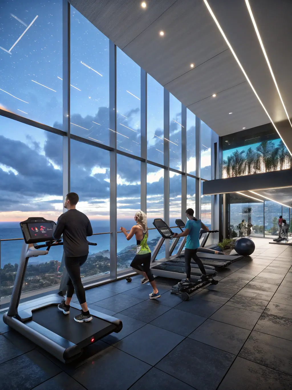 A brightly lit, modern fitness center with state-of-the-art equipment, showcasing treadmills, weights, and yoga mats, emphasizing a healthy lifestyle at ApexResidences.