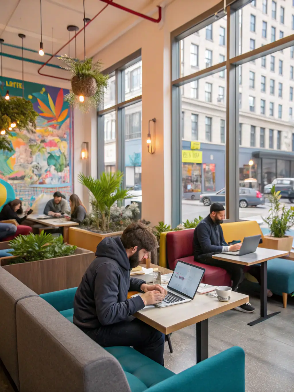 A modern co-working space with individual workstations, high-speed internet, and a coffee bar, promoting productivity and convenience for residents at ApexResidences.